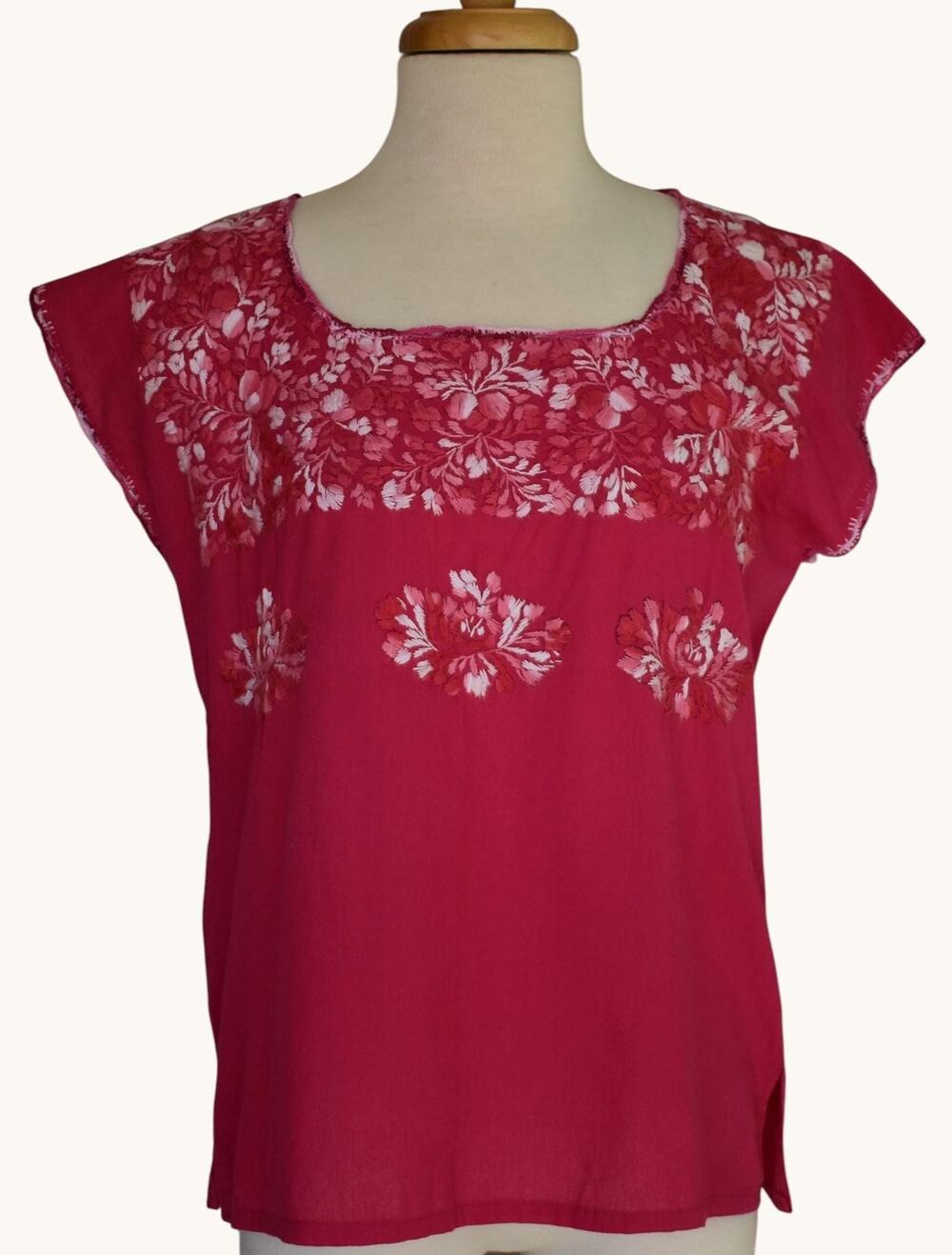 Vintage 70s Hand Embroidered Mexican Blouse, Pink Cotton, Size M Medium